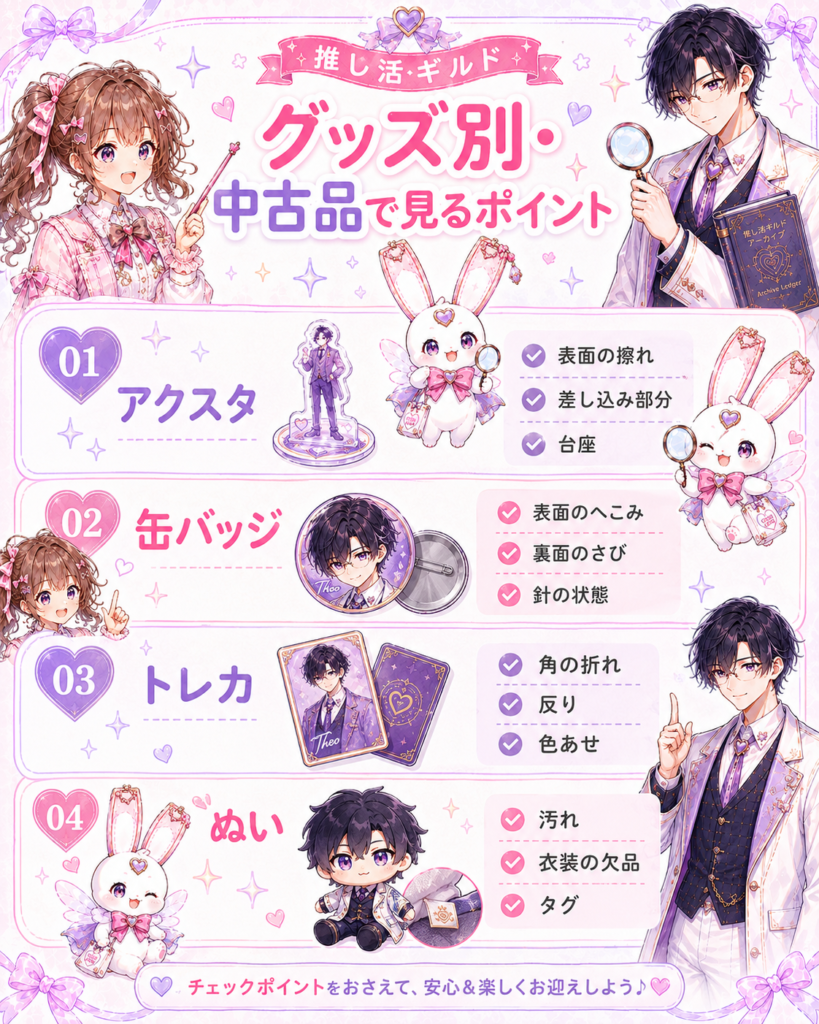 アクスタ、缶バッジ、トレカ、ぬいの中古品を買うときに確認したい傷や付属品をまとめた図解