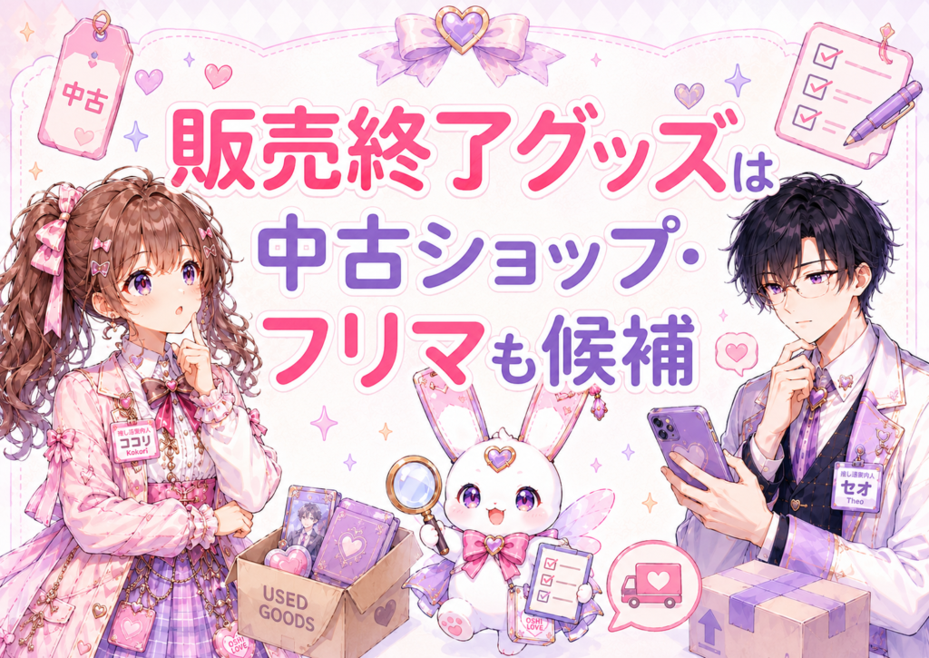 販売終了した推し活グッズを中古ショップやフリマで探すときのイメージを描いたH2画像