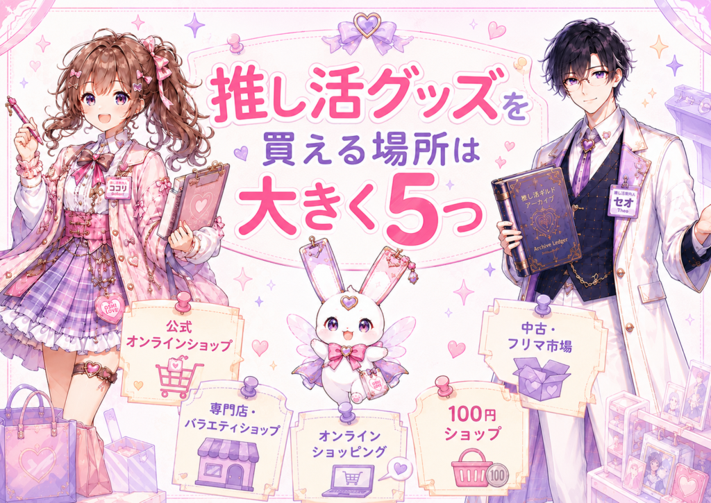 推し活グッズを買える主な場所として公式通販、専門店、総合通販、100円ショップ、中古ショップを紹介するH2画像